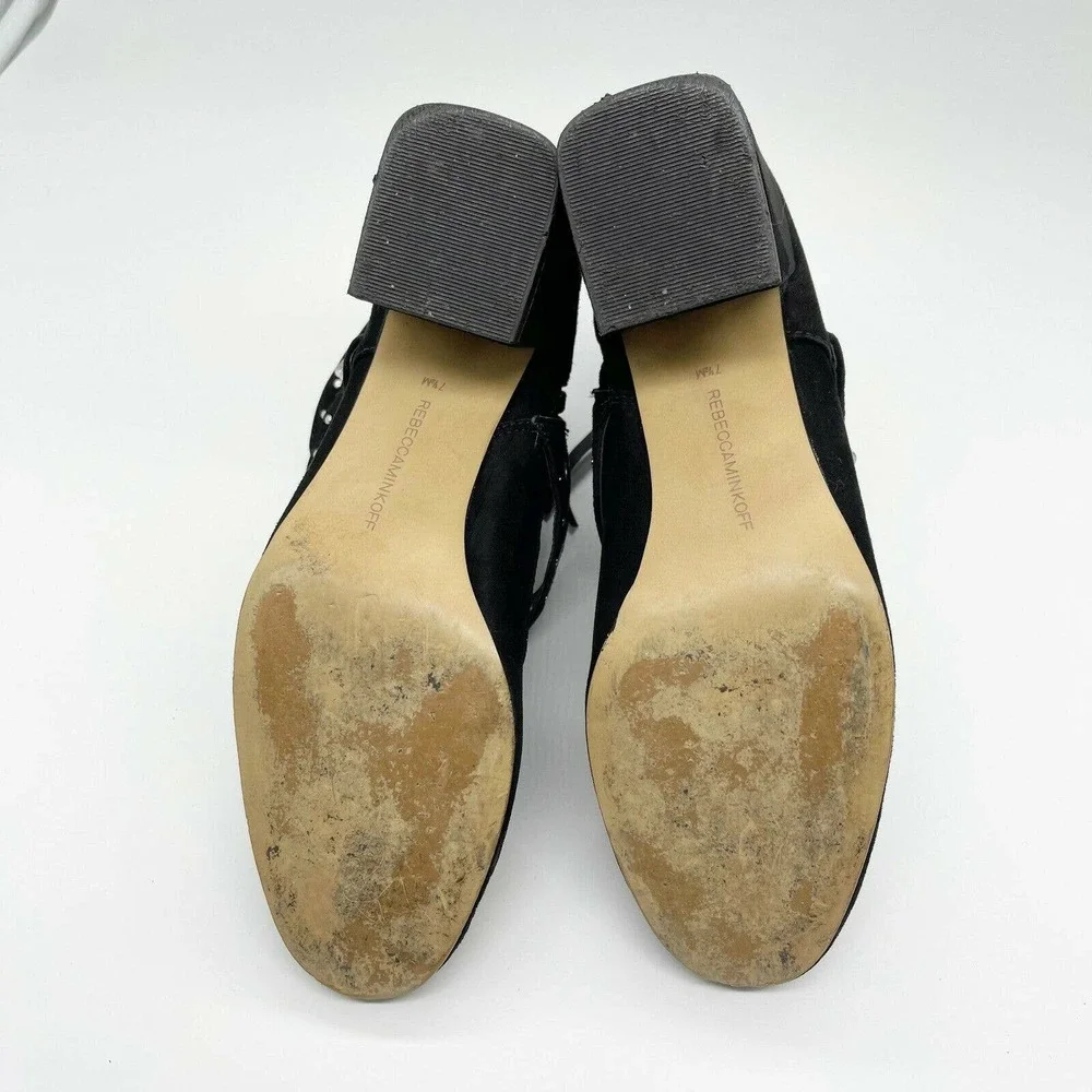 Rebecca Minkoff‎ Logan Studded Booties Shoes Sz 7.5 Black Suede Buckle Strap Zip